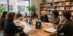 A diverse group discussing spirituality and UFO phenomena at https://tallengreenfield.com with stacks of books including UFOnauts.