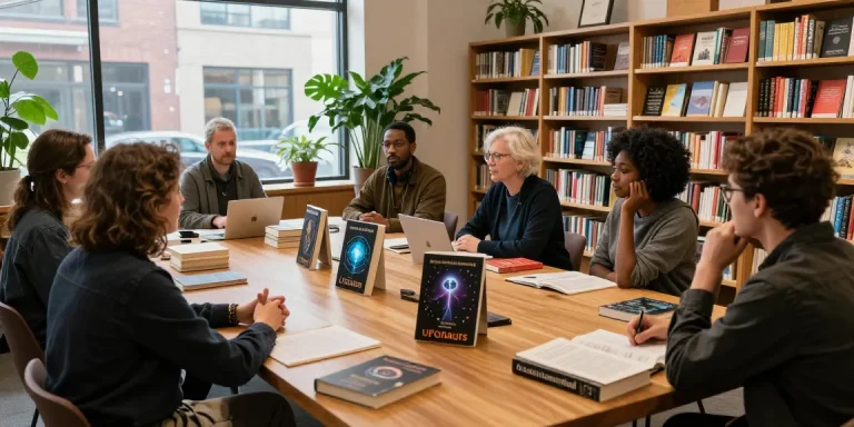 A diverse group discussing spirituality and UFO phenomena at https://tallengreenfield.com with stacks of books including UFOnauts.