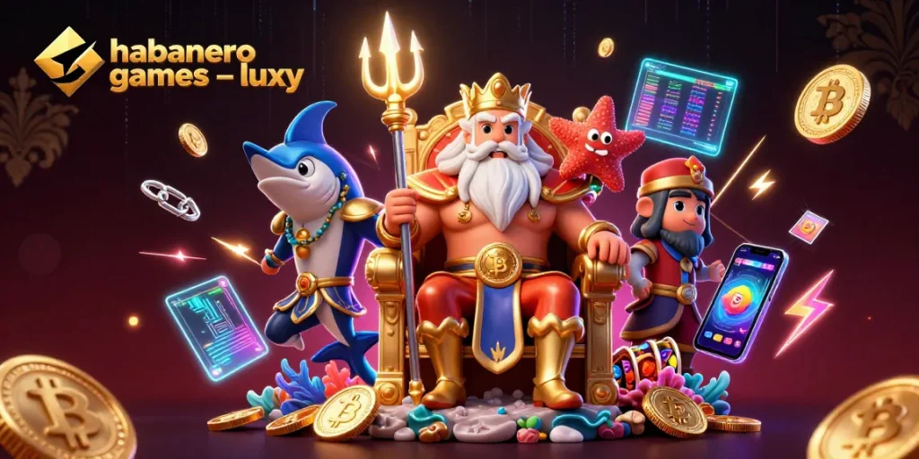 Play exciting habanero games – luxy with vibrant 3D illustration of Neptune and crypto elements.