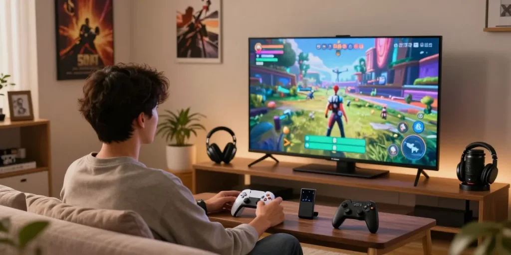 Enjoying slot7000 on a modern gaming console in a vibrant living room.