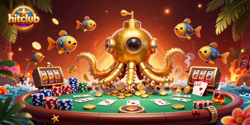 Hitclub players enjoy dynamic poker scenes with a golden kraken submarine and vibrant game elements.