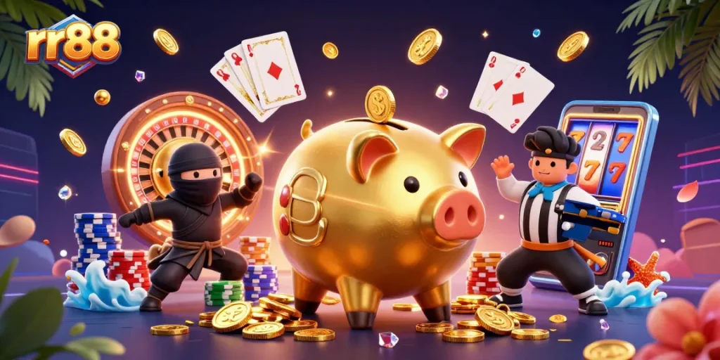 Experience thrilling gameplay at rr88 with vibrant characters and casino elements surrounding a sumo wrestler.