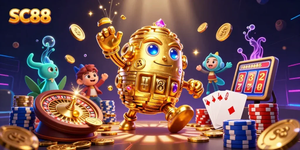 Experience thrilling wins with SC88's vibrant casino elements and stunning golden golem.