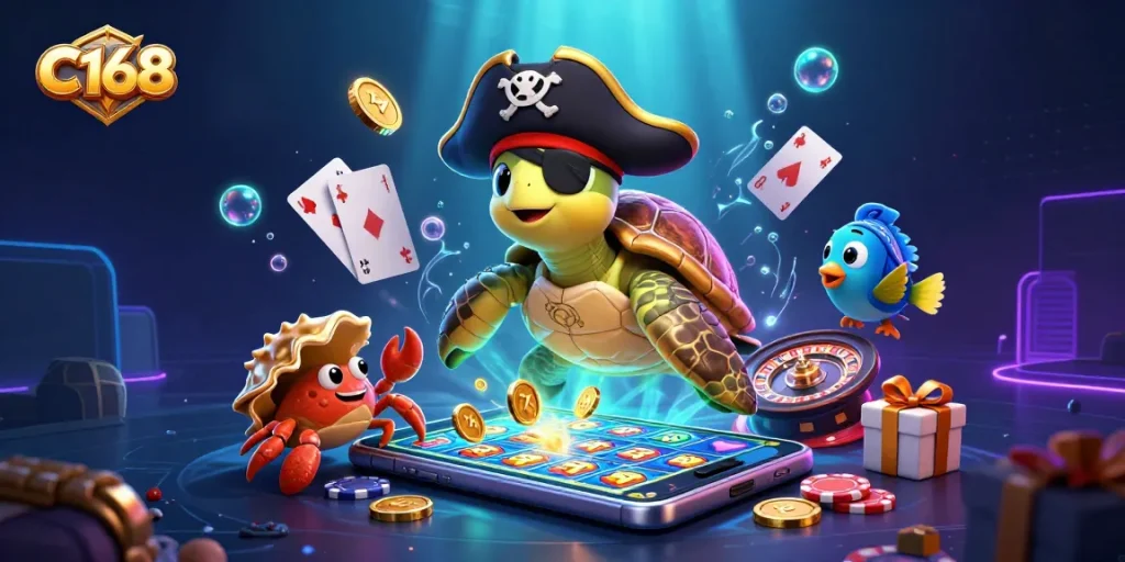 C168 enhances online gaming experience with 3D pirate turtle illustration featuring slot games, coins, and cards