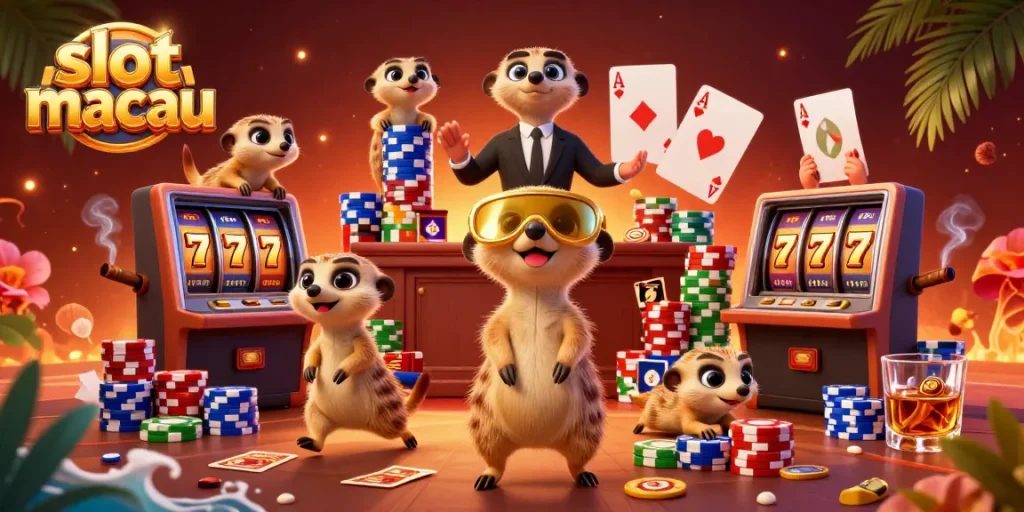 Experience thrilling action at slot macau with meerkats running a lively casino scene amidst vibrant gambling elements.