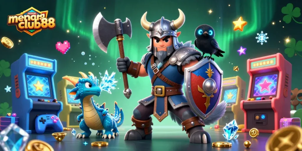Experience epic wins at menangclub88 with a Viking warrior and colorful casino arcade elements.