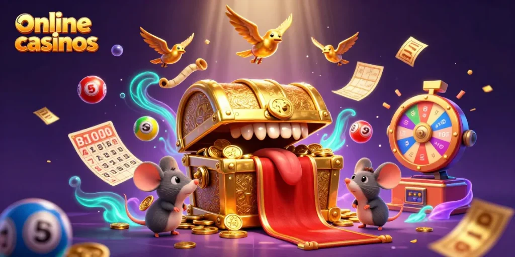 Engaging scene depicting online casinos with animated lottery elements and golden treasure chest enticing adventurer mice.