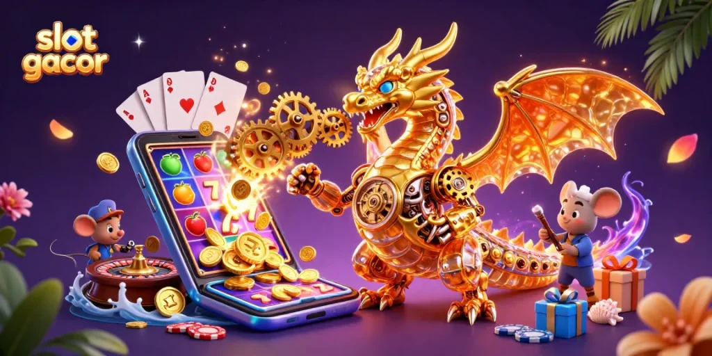 Engage with slot gacor as a golden dragon breathes gears amidst dynamic casino elements.