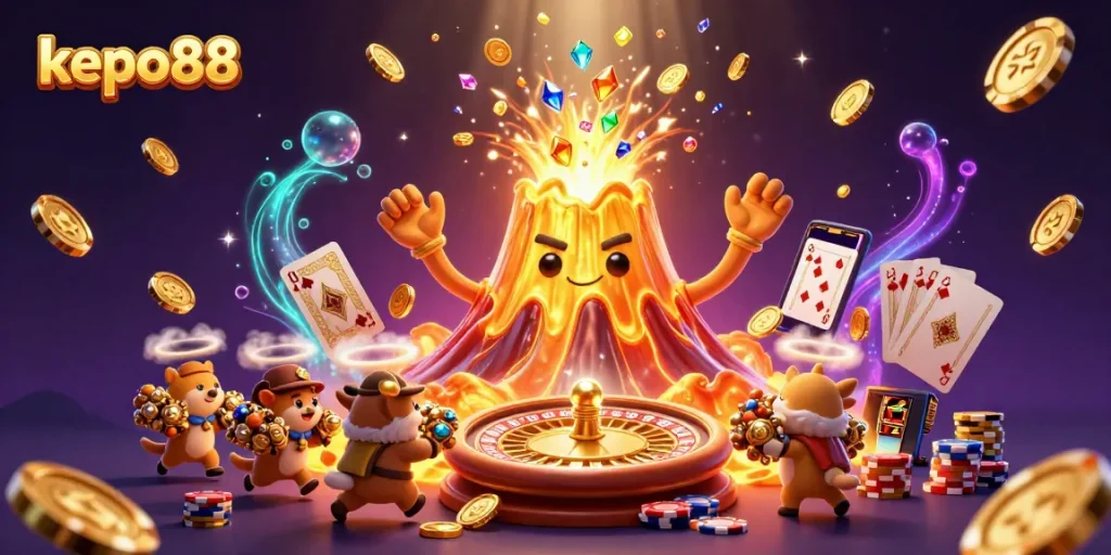 Experience the excitement at kepo88, featuring a vibrant golden volcano erupting treasures in a thrilling casino scene.