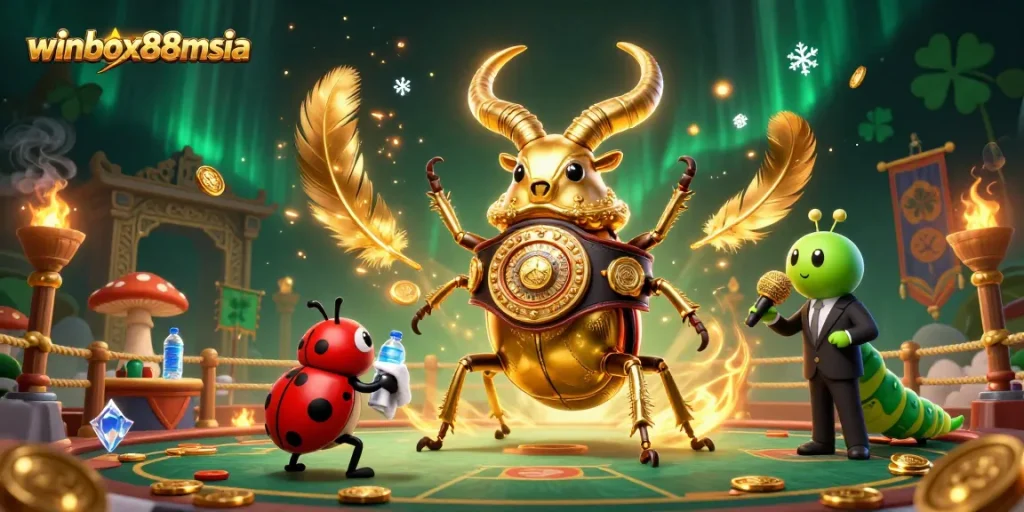 Experience the excitement of winbox88msia in this thrilling illustration of a golden stag beetle boxing in a vibrant casino