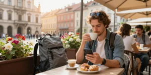 Genießen Sie die Vorteile der Reise-eSIM bei einem Besuch in einem wunderschönen europäischen Stadtcafé.