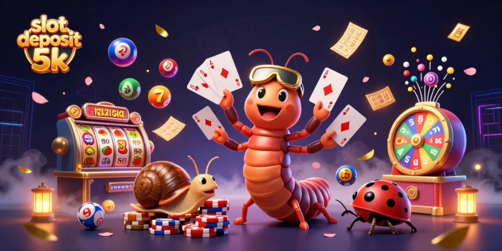 Experience the excitement of slot deposit 5k with a vibrant dealer scene featuring cards, chips, and dynamic gameplay elements.