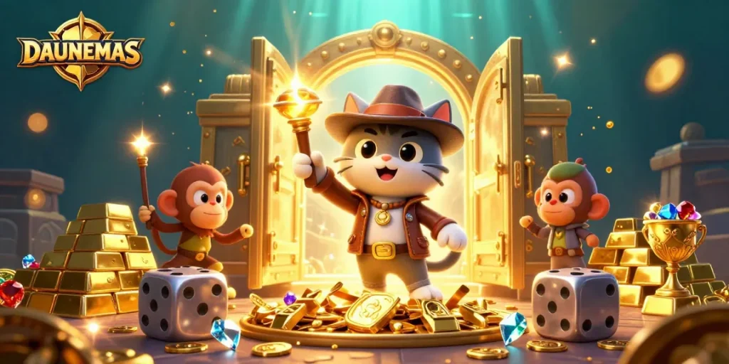 Engage with DAUNEMAS while the cat explorer uncovers golden casino treasures surrounded by ancient traps.
